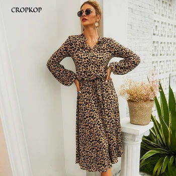Leopard Midi Obleka Ženske Visoko Pasu Dolg Rokav Haljo Femme Letnik Delo Urada Gospe Jeseni Majica Vestidos Cortos Moda 2020