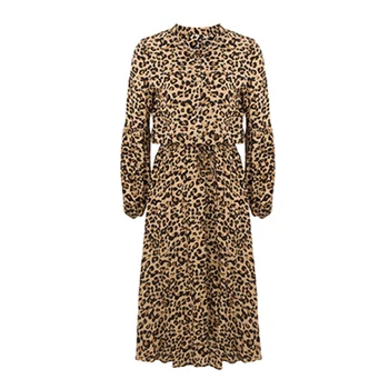 Leopard Midi Obleka Ženske Visoko Pasu Dolg Rokav Haljo Femme Letnik Delo Urada Gospe Jeseni Majica Vestidos Cortos Moda 2020