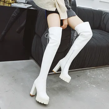 Ženske nad kolena in škornji Debele visokih petah Evropski in Ameriški modni seksi Stegen sneg škornji ženske platforma čevlji