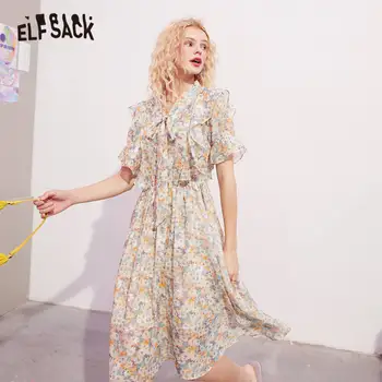 ELFSACK Disty Cvjetnim Tiskanja Lok Izrez Priložnostne Ruffle Obleka Ženske 2020 Poletje ELF Letnik korejski Girly Počitnice Šifon Obleke