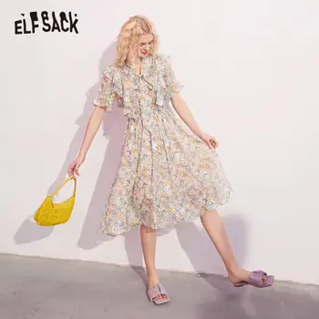ELFSACK Disty Cvjetnim Tiskanja Lok Izrez Priložnostne Ruffle Obleka Ženske 2020 Poletje ELF Letnik korejski Girly Počitnice Šifon Obleke
