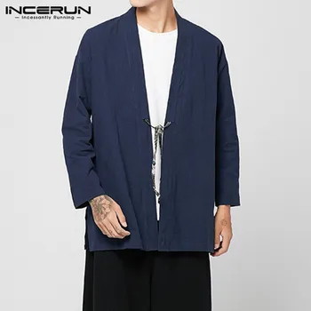 INCERUN Moških Ulične Barva Dolg Rokav Modne Jakne Jopico Priložnostne Harajuku Retro Bombaž Vrečasta Mens Kimono Coats