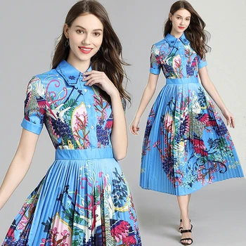 Obleke Visoke Kakovosti vzletno-pristajalne Steze Moda 2020 Žensk Pomlad in Poletje River Phoenix Tiskanja Cvetovi Kratek Rokav Nabrano Obleko