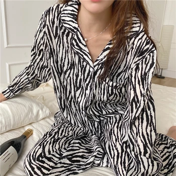 Jeseni, pozimi pižamo nastavite ženske zebra prugasta leopard homewear oblačil žepi river ovratnik, hlače, dolgi rokavi pižame Y063