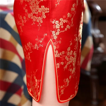 16Color Saten Tradicionalno Kitajsko Obleko za Ženske Qipao Kratek Letnik Zmaj Tiskanja Rdeča Kitajska Stil Poroka Cheongsam S-6XL