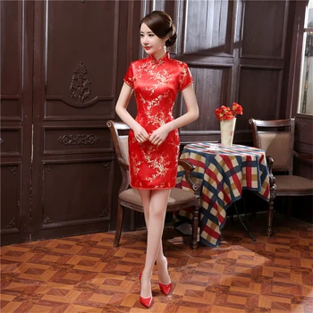 16Color Saten Tradicionalno Kitajsko Obleko za Ženske Qipao Kratek Letnik Zmaj Tiskanja Rdeča Kitajska Stil Poroka Cheongsam S-6XL