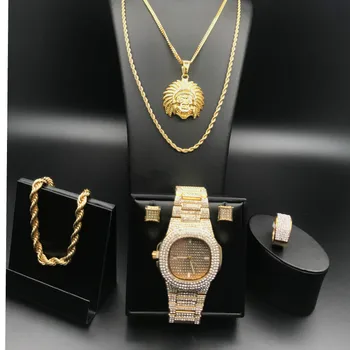 Luksuzni Moških Zlato Barvo Watch &Ogrlica & Zapestnica & Uhani Combo Nastavite Ledu Iz Kubanske Watch Hip Hop Kristalno Miami Zapestnica Za Moške