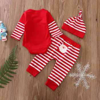 2020 Novorojenček Dojenček Fant Dekle ClothesMerry Božič Prugasta Obleka, Hlače Moj Prvi Božični Klobuk 3pcs Obleke Nastavite Dekle Oblačila