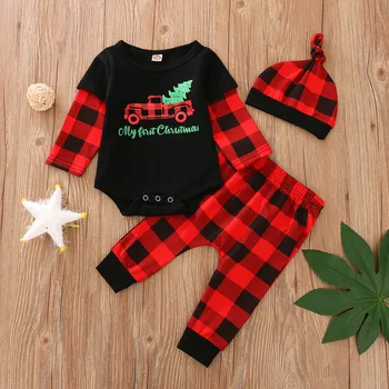 2020 Novorojenček Dojenček Fant Dekle ClothesMerry Božič Prugasta Obleka, Hlače Moj Prvi Božični Klobuk 3pcs Obleke Nastavite Dekle Oblačila