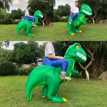Karneval Vožnja na Dinozaver Napihljivi Kostum Halloween Kostumi za Odrasle Fancy Disfraz Purim Maskota je Zeleni Dino Blow Up Obleko