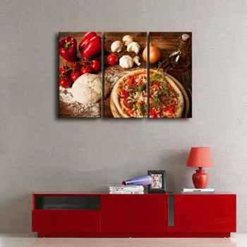 3 Kos Rjave Hrane Slika Wall Art Pizza Paradižnik Paprika Bela Pasta Česen Sliko Kuhinjski Stenski Dekor Slikarstvo, Tisk Na Platno