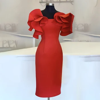 Ženske Rdeča Bodycon Obleke Ruffles Eleganten Stranka Dogodkov Midi Obleko Elegantno Vitek Vestido Afriške Datum Praznovanje Priložnost Oblačilih