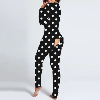 Ženske Gumb navzdol Print Funkcionalne Buttoned Zavihek Odraslih Jumpsuit Dolgimi Rokavi, V-izrez Pijamas Prikrivanje Sleepwear#40
