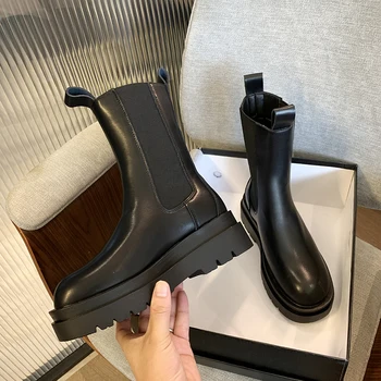 Luksuzni Chelsea Škornji Ženske Platformo Dame Čevlji Močen Zimske Čevlje Kratek Gleženj Škornji Debele Pete Oblikovalec Usnje Botas Mujer