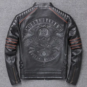 Tovarniško 2020 Moških Retro Vintage Pravega Usnja Biker Jacket Vezenje Lobanje Vzorec Črno Slim Fit Moški Pozimi Motornega Kolesa Plašči