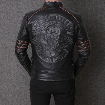 Tovarniško 2020 Moških Retro Vintage Pravega Usnja Biker Jacket Vezenje Lobanje Vzorec Črno Slim Fit Moški Pozimi Motornega Kolesa Plašči