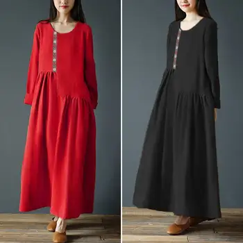 ZANZEA 2021 Krog Vratu Dolge Rokave Maxi Obleka Ženska Priložnostne vintage Plašč Femme Long Sleeve Solid Color Žep Obleke Plus Velikost