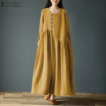 ZANZEA 2021 Krog Vratu Dolge Rokave Maxi Obleka Ženska Priložnostne vintage Plašč Femme Long Sleeve Solid Color Žep Obleke Plus Velikost