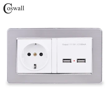 COSWALL električno Vtičnico EU Standardno električno Vtičnico Z Dvojnim USB Smart Indukcijsko Polnjenje Vrata Za Mobilne 5V 2.1 Nerjaveče Jeklo Plošča