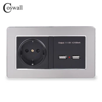 COSWALL električno Vtičnico EU Standardno električno Vtičnico Z Dvojnim USB Smart Indukcijsko Polnjenje Vrata Za Mobilne 5V 2.1 Nerjaveče Jeklo Plošča