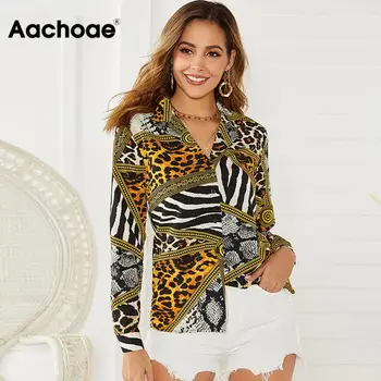 Aachoae 2020 Ženske Vrhovi In Bluzo Seksi Leopard Tiskanja Dolg Rokav Bluzo Znižuj Ovratnik Urad Majica Za Lady Plus Velikost Blusa