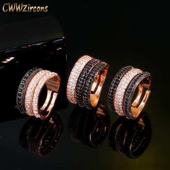 CWWZircons Nastavljiva Velikost 3 Plasti Črno Bel CZ Kamen 585 Rose Gold Barvi Odprti Ženski Prstani Poročni Posla Nakit R165