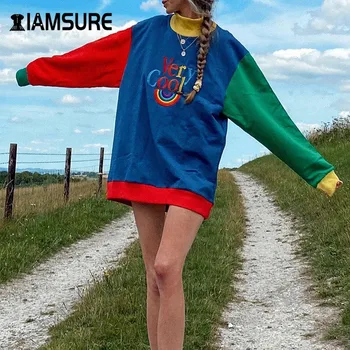 IAMSURE Ulične Pismo Tiskanja Dolg Rokav Priložnostne Svoboden, Majica Za Ženske Jeseni Mozaik Oversize Lady Modni Pulover