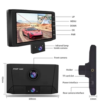 E-ACE Avto Dvr 4.0 Palčni Dash Cam 3 Kamere Objektiv Auto Tajnik FHD 1080P Video Snemalnik Z Rear view Camera Dvr Dash Fotoaparat