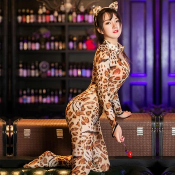 Seksi Leopard Dveh Zadrgo jumpsuit žensk clubwear partywear najlon Leotard bodysuit Romper Jumpsuits Dolg rokav seksi Glej skozi
