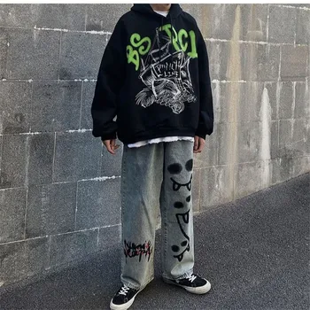 Moda rock kavbojke moški hip hop jeseni moške ravne cevi svoboden vintage oprana jeans hlače ulične mlaes kul jeseni hlače