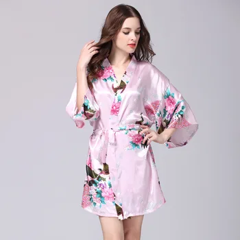 Ženske Svile Seksi Kimono Kopalni Plašč Koleno Dolžina Družico Saten Pav Kopel Haljo Plus Velikost Nevesta Hišna Obleke Poroko Sleepwear