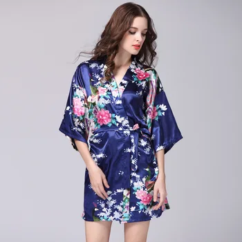 Ženske Svile Seksi Kimono Kopalni Plašč Koleno Dolžina Družico Saten Pav Kopel Haljo Plus Velikost Nevesta Hišna Obleke Poroko Sleepwear