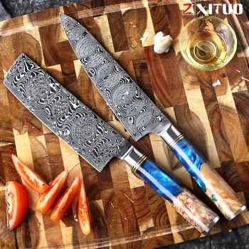 XITUO Kuhinje Kuhar Nož vg10 Japonski Damask Jekleno Modra Smolo Barvo Lesa ustreza Ročaj je Ergonomsko Oblikovana Kuhanje Orodje