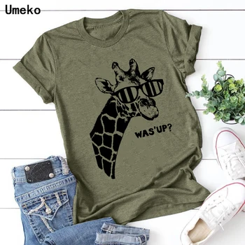 Umeko Poletnih O-Vratu T-Majice za Ženske do leta 2020 Nova Žirafa Tiskanje Tees Vrhovi Ženska Moda Svoboden Tshirt Športna Oblačila Plus Velikost