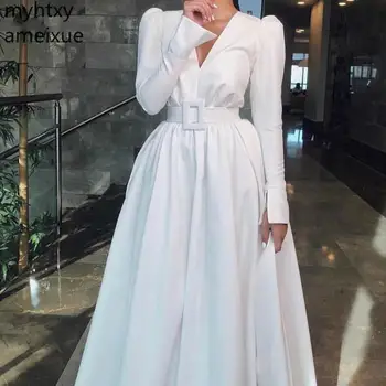 Nov Prihod V Vratu Dolg Rokav po Meri Plus Velikost 2020 Večerne Obleke Obleke Za Ženske Satin White Preprost Halje A-line Obleko Muslimanskih