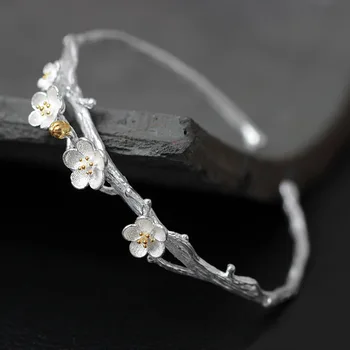 UXN389 S925 srebrno zapestnico ženski odpiranje nastavljiv ustvarjalne plum blossom ročno silver ornament dež cvet zapestnica