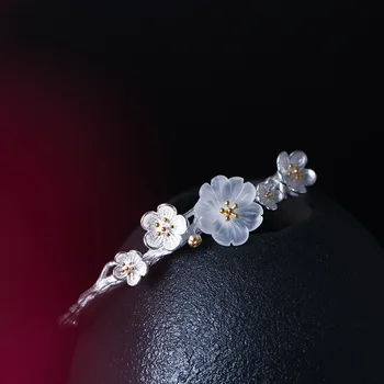 UXN389 S925 srebrno zapestnico ženski odpiranje nastavljiv ustvarjalne plum blossom ročno silver ornament dež cvet zapestnica