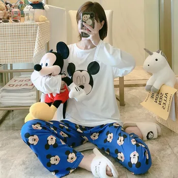 2pcs/set Disney Mickey Ženske Pižame Kariran Sladka Dekleta Mehko Bombažno HomeWear Lep Prosti čas Tiskanje Doma Obleko Sleepwear Oblačila