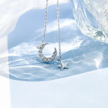 LISM 925 Sterling Srebro korejski Preprosta Modna Zvezda, Luna Zasije Kristalni Obesek Za Ogrlico Ženske Poročna Ogrlica