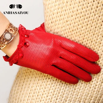 Pomlad moda za ženske usnjene rokavice ovčje kože dihanje perforirano usnje rokavice eno usnje dotik rokavice - L006N
