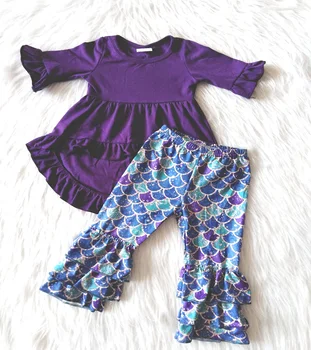 Otroci trdna tunika vrh in bell hlače 2 kosov komplet dojenček dekle vijolično vrh obleko padec moda obleko