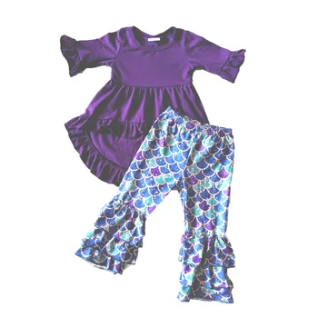 Otroci trdna tunika vrh in bell hlače 2 kosov komplet dojenček dekle vijolično vrh obleko padec moda obleko