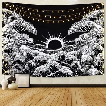 Black wave natisnjeni tapiserija, kita zmaj ribe steni visi tapiserija, bohemian bedspread joga mat blanketLG814-23