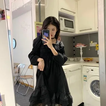 QWEEK Black Goth Obleko Japonski lolita Style Puff Rokav Čipke Obleko Ruched Stranka Kawaii Visoko Pasu Ruffles Obleko 2021 Mozaik