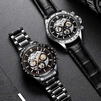 HAIQIN Črni moški gledajo Luksuzni Avtomatsko mehansko ročno uro moške ure top blagovne znamke luksuzni ure za moške Zlato okostje 2020