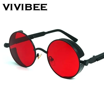 VIVIBEE Letnik Steampunk Rdeča sončna Očala Moških Krog Punk Zlitine Kovin Retro sončna Očala Ženske 2021 Očala Gotike Odtenki