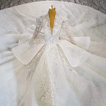 HTL2001 Elegantno Nastran Bleščica Kristalno Biseri Poročno Obleko 2020 Proti-Vrat Dolg Rokav Čipke Nazaj