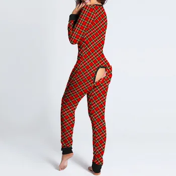 Womail Seksi Žensk Kariran natisnjeni Izrezanka Funkcionalne Buttoned Zavihek Odraslih Pižamo Klub Gumb Design Potopite Salon Rit Jumpsuits