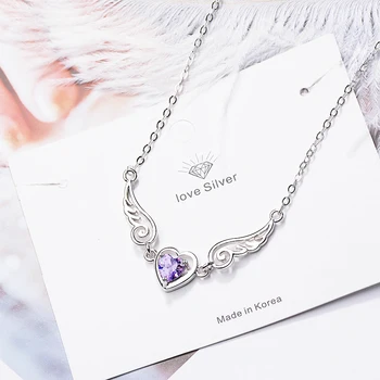 Vroče Korejski Moda Preprost 925 Sterling Srebrni Nakit Angel Ljubitelji Vijolične Kristalni Obesek Clavicle Verige Ogrlica H1