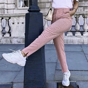 Klacwaya moda za ženske roza vzorcem dolge hlače 2019 urad ženske elegantne naravnost hlače dekliška street nositi slim pantalon femme
